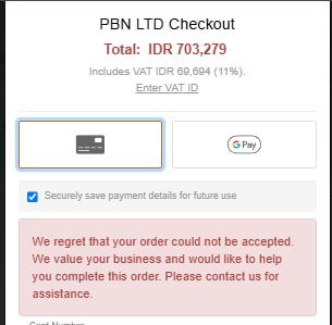 Example of the Fastspring card declined error message shown at PBN LTD checkout