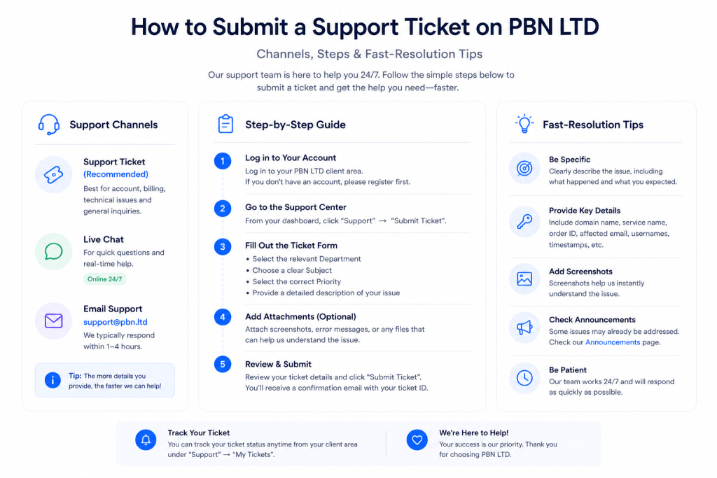 How to Submit a Support Ticket on PBN LTD — Channels, Steps & Fast-Resolution Tips