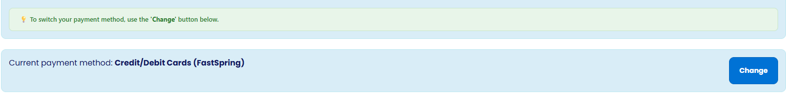 At the top of the Subscriptions page, click the Change button to switch payment method