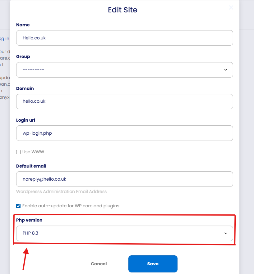 PBN LTD Edit Site modal showing the PHP version dropdown