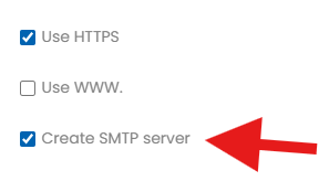 Add domain form on PBN LTD showing the Create SMTP server checkbox ticked by default, with a red arrow pointing to it