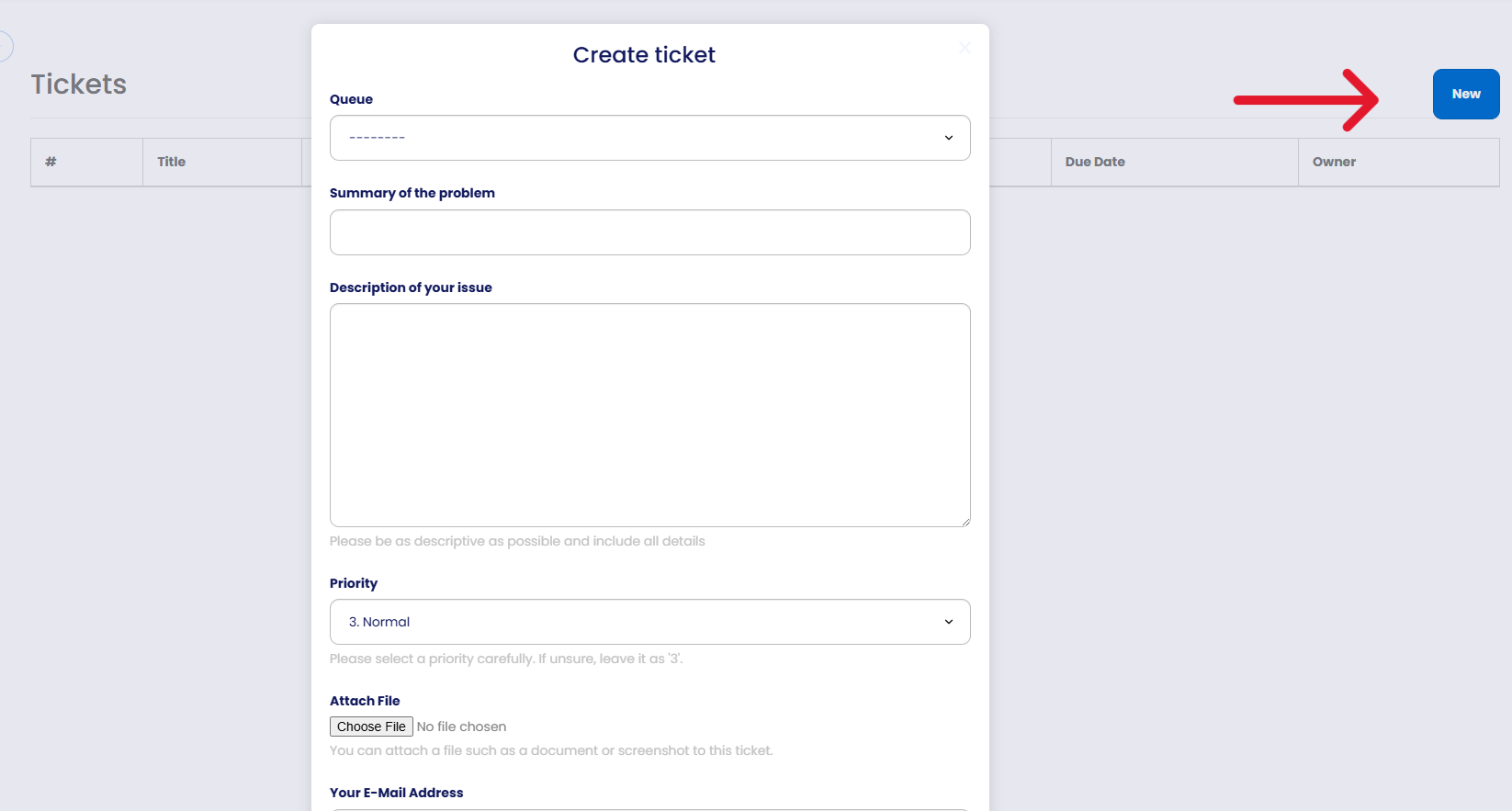 The Create ticket form