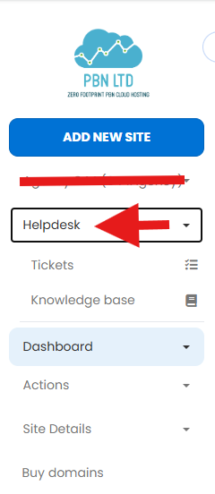 PBN LTD dashboard left-hand sidebar with a red arrow pointing at the Helpdesk menu, which expands to show Tickets and Knowledge base