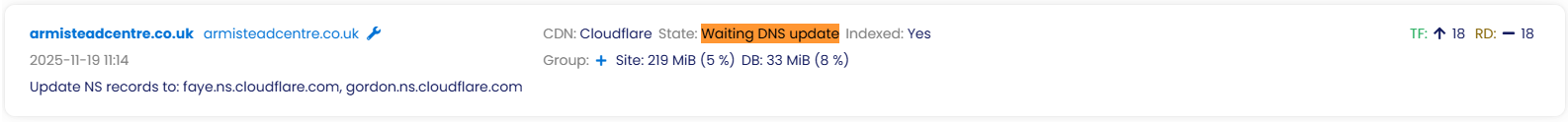 PBN LTD dashboard showing a domain in Waiting DNS update state with the message Update NS records to: faye.ns.cloudflare.com, gordon.ns.cloudflare.com displayed directly beneath the domain name