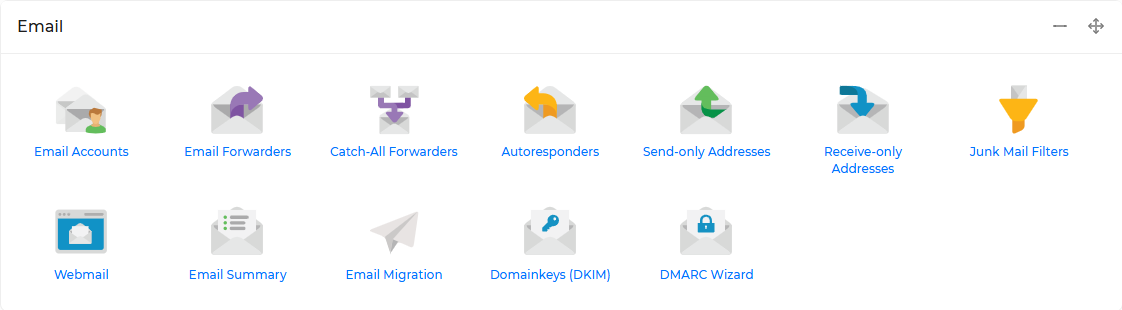 PBN LTD email dashboard showing all email management tools: Email Accounts, Email Forwarders, Catch-All Forwarders, Autoresponders, Send-only Addresses, Receive-only Addresses, Junk Mail Filters, Webmail, Email Summary, Email Migration, DomainKeys (DKIM) and DMARC Wizard