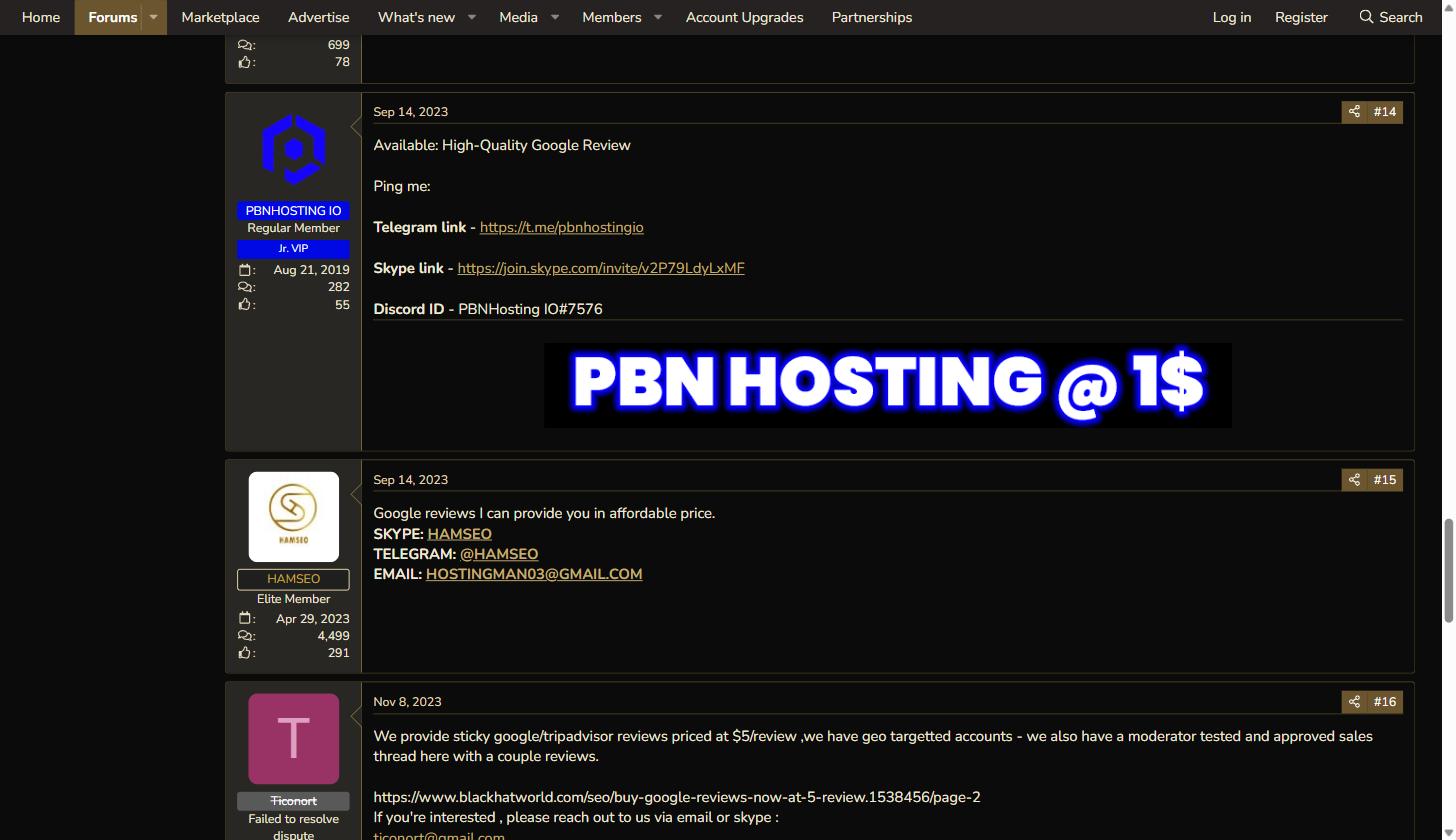 BlackHatWorld post #14 by user PBNHOSTING IO offering High-Quality Google Review services with Telegram link t.me/pbnhostingio