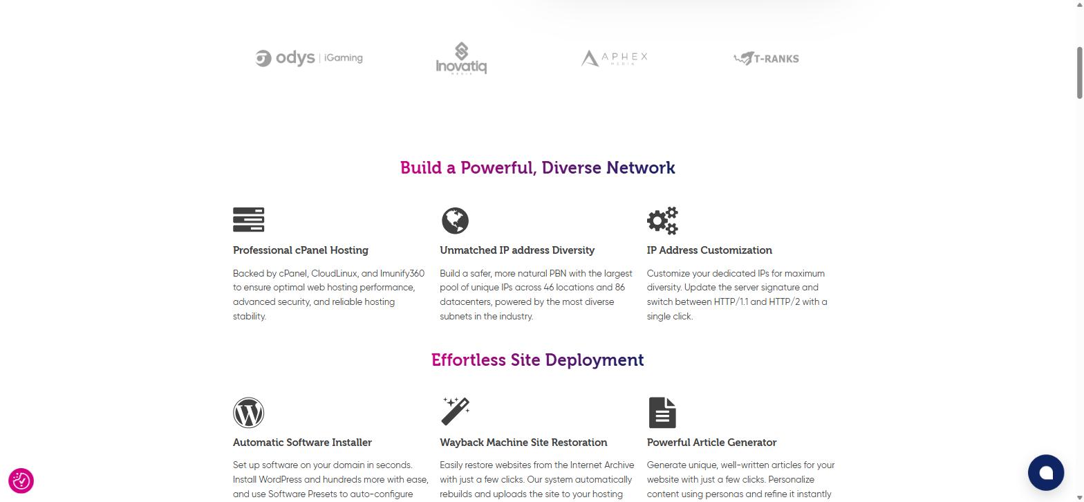 Priority Prospect homepage feature card showing 'Professional cPanel Hosting' as a marketed benefit alongside cPanel, CloudLinux, and Imunify360 stack mention