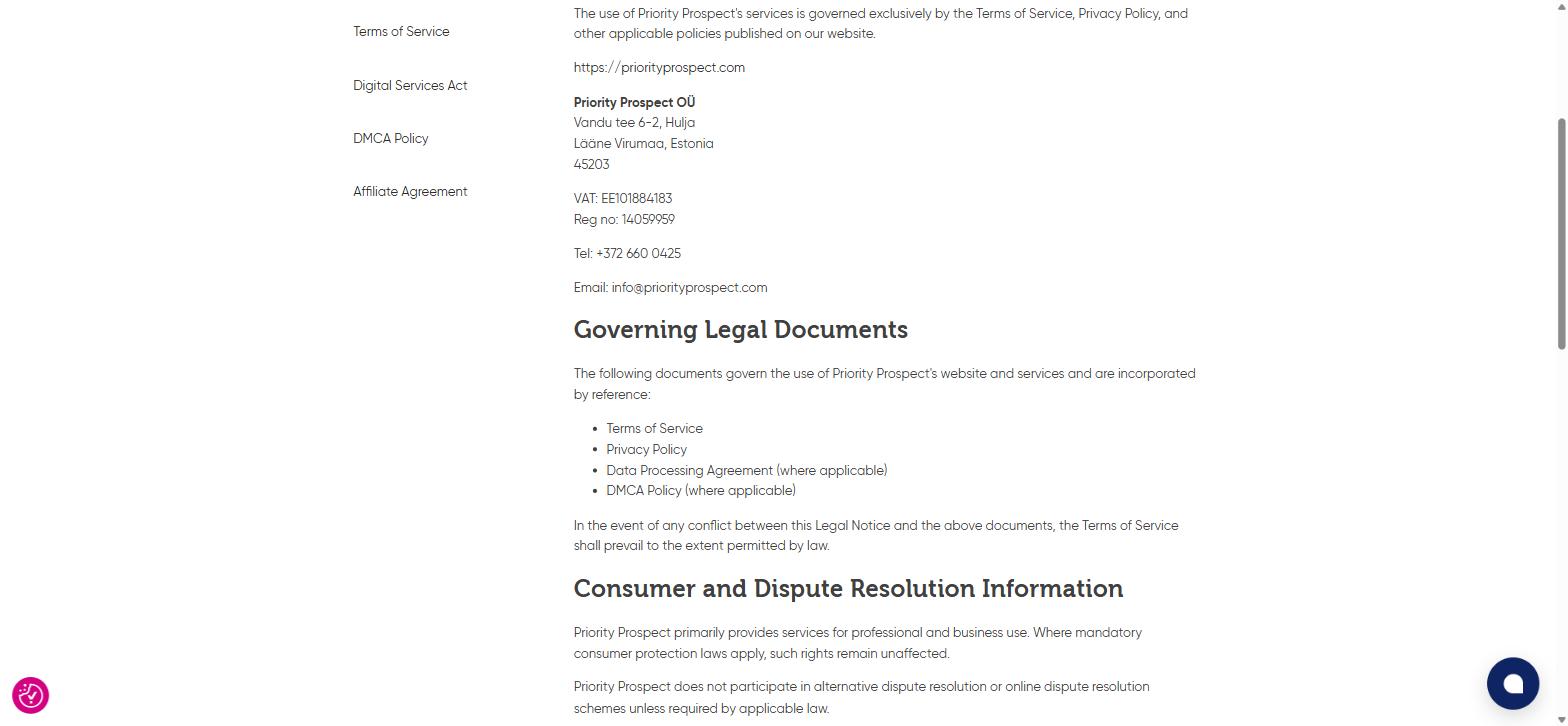 Priority Prospect Legal Notice page showing Priority Prospect OÜ company details — Estonian address, VAT number, registration number, EU phone, and email contacts