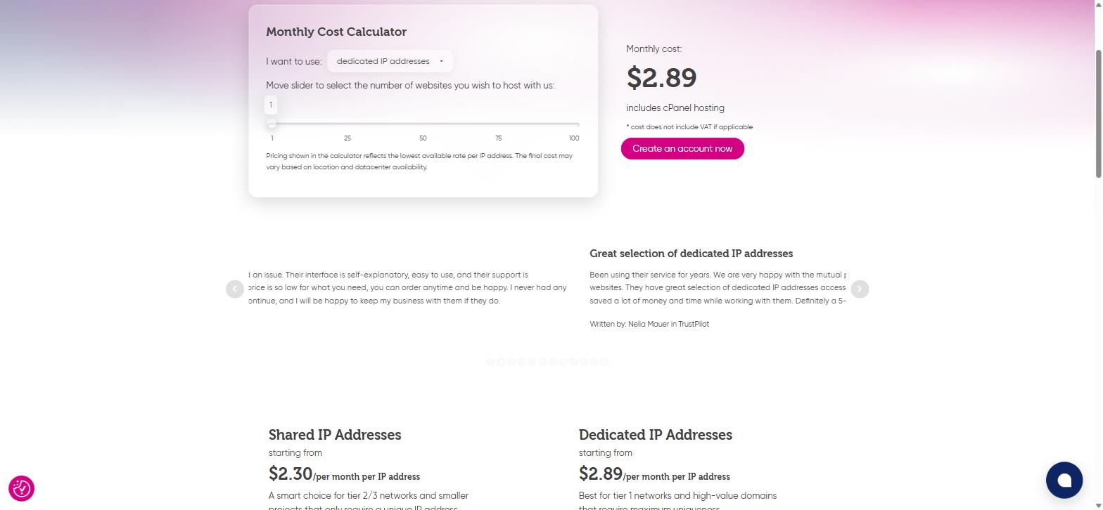 Priority Prospect pricing page showing $2.89 per IP per month with 'includes cPanel hosting' shown as a feature, alongside the Shared $2.30 and Dedicated $2.89 IP tiers