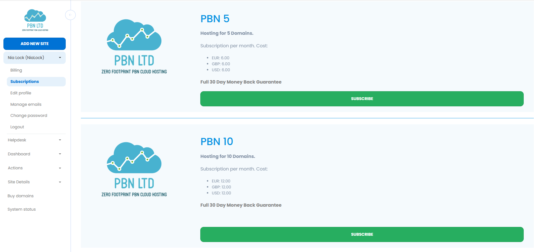 Select your hosting package - PBN5, PBN10 and so on - and click Subscribe to complete your first payment