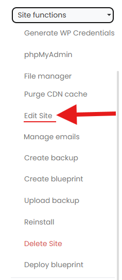 PBN LTD dashboard Site Functions dropdown showing Edit Site option highlighted