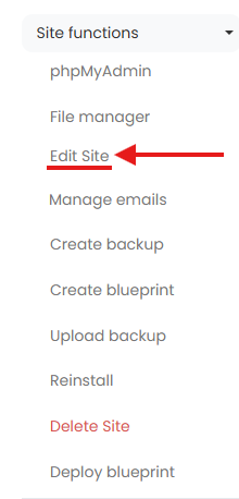 PBN LTD Site Functions dropdown menu with Edit Site option highlighted