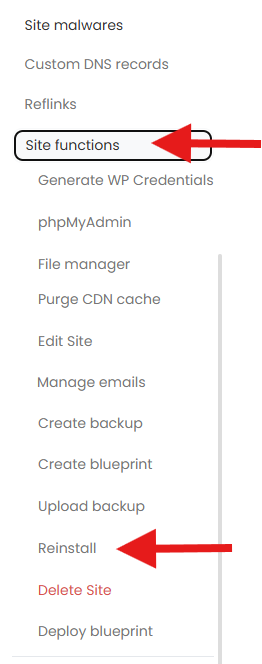 Site Functions menu in the PBN LTD dashboard with arrows pointing at Site functions and Reinstall