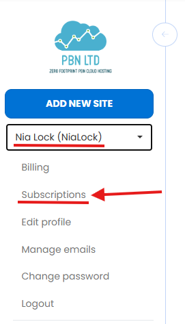 Click your name in the top-right of the dashboard, then click Subscriptions from the dropdown menu
