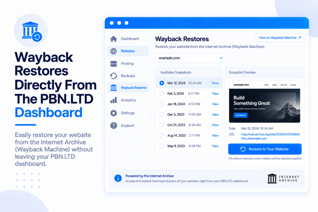 Wayback Restores Directly From The PBN.LTD Dashboard