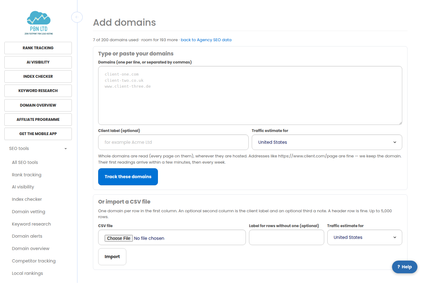 The add-domains page: the list, the client label, the country, and the CSV import