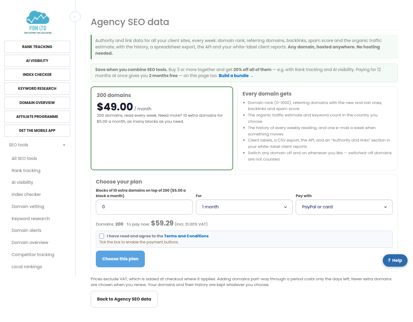 The plan page: the plan, the blocks of extra domains, the period and the total to pay
