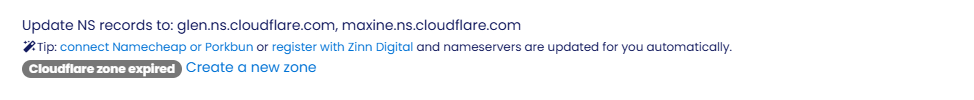 Dashboard row showing a Cloudflare zone expired tag and a Create a new zone button