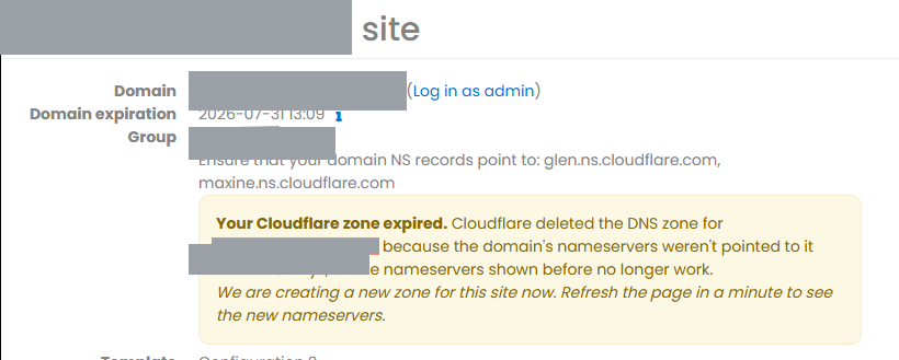 Site overview showing a Cloudflare zone expired notice and that a new zone is being created