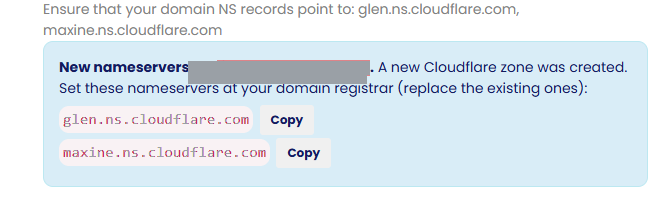 New Cloudflare nameservers shown with Copy buttons after a new zone was created