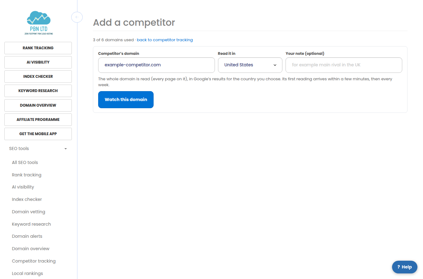 The add-a-competitor form: the domain, the country and your note
