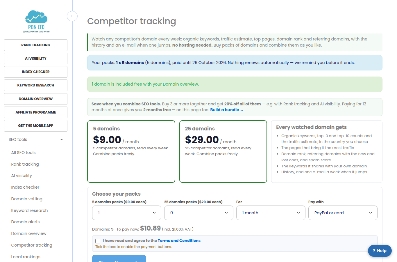 The packs page: the 5-domain and 25-domain packs, the period and the total to pay