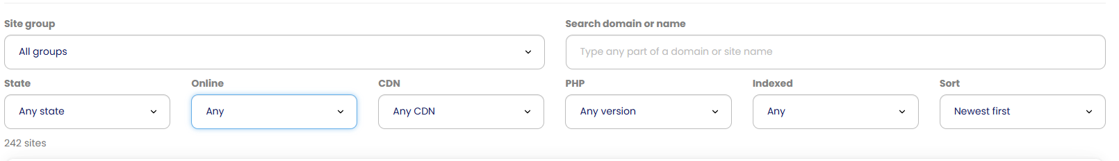 The dashboard filter bar: Site group, Search, State, Online, CDN, PHP, Indexed and Sort