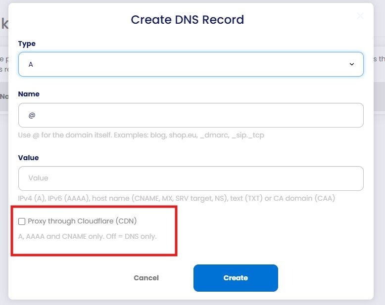 Create DNS Record pop-up with the Proxy through Cloudflare (CDN) checkbox highlighted