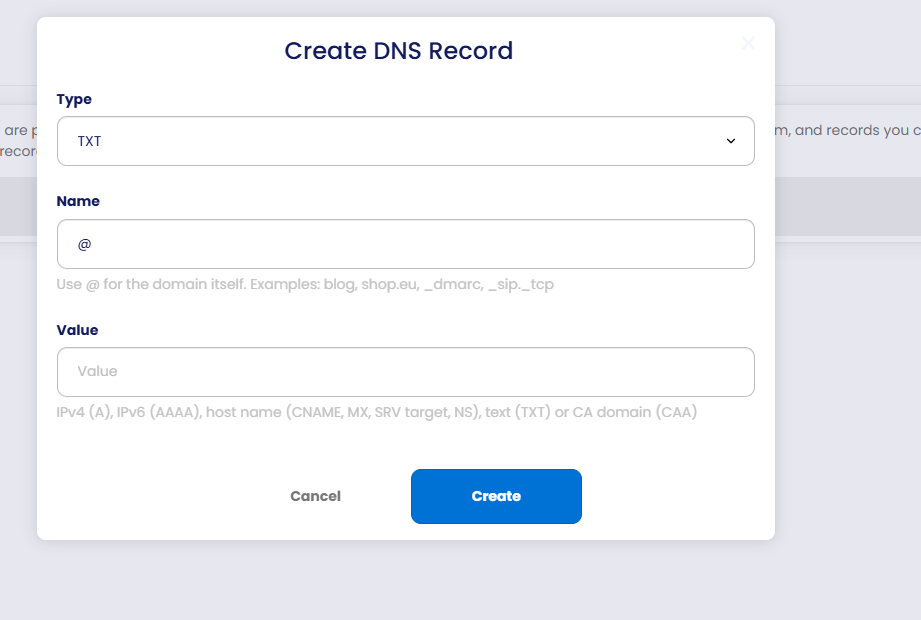 Create DNS Record pop-up with Type, Name and Value fields