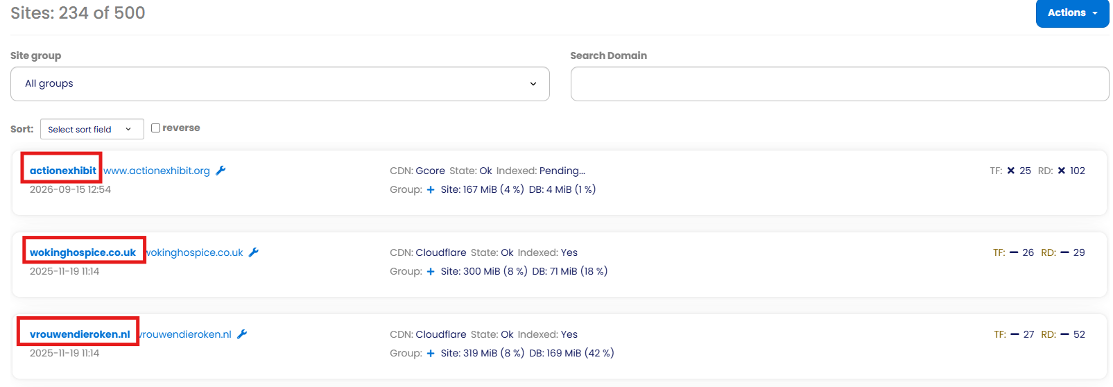 PBN dashboard site list — click the site name to open a domain
