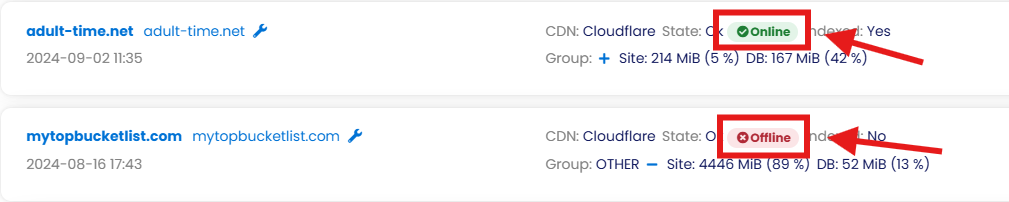 Dashboard showing one domain as Online (green) and another as Offline (red)