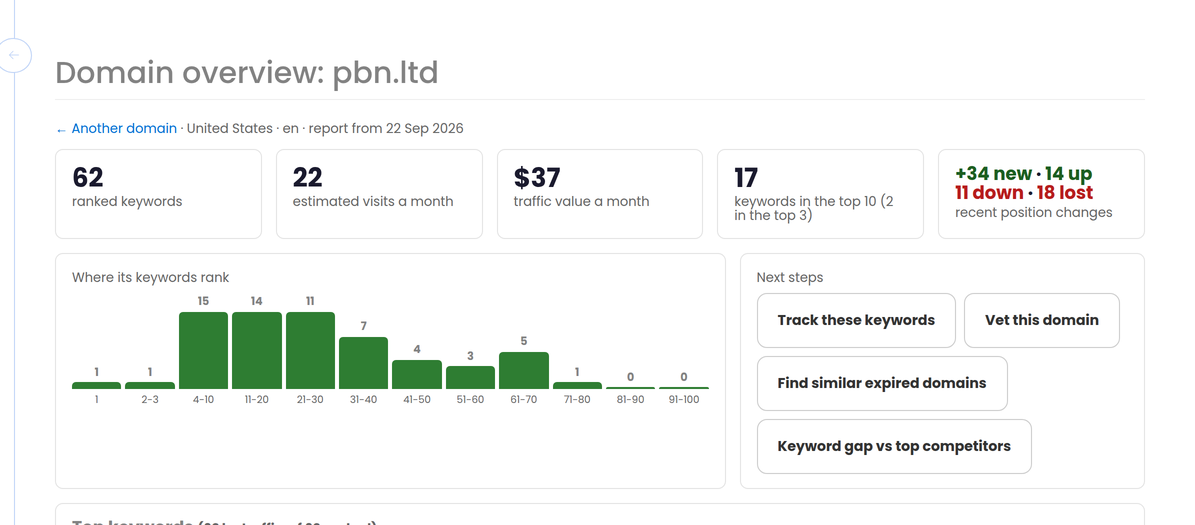 A domain overview report: 62 ranked keywords, 22 estimated visits a month, $37 traffic value a month, 17 keywords in the top 10, recent position changes, where its keywords rank by position band, and next steps to track, vet or compare the domain.