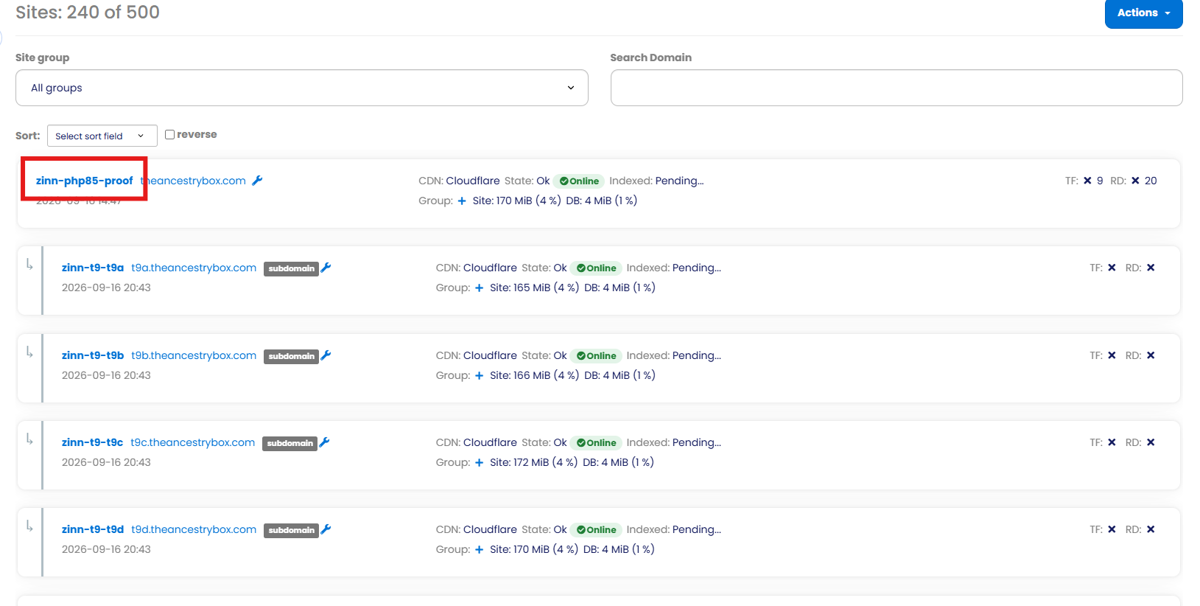 Dashboard site list with a site name highlighted