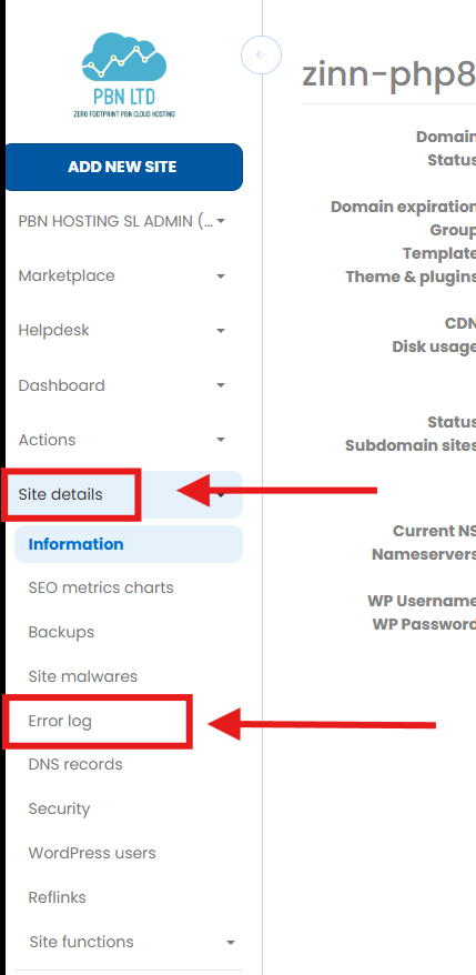 Left-hand menu showing Site details expanded and the Error log option