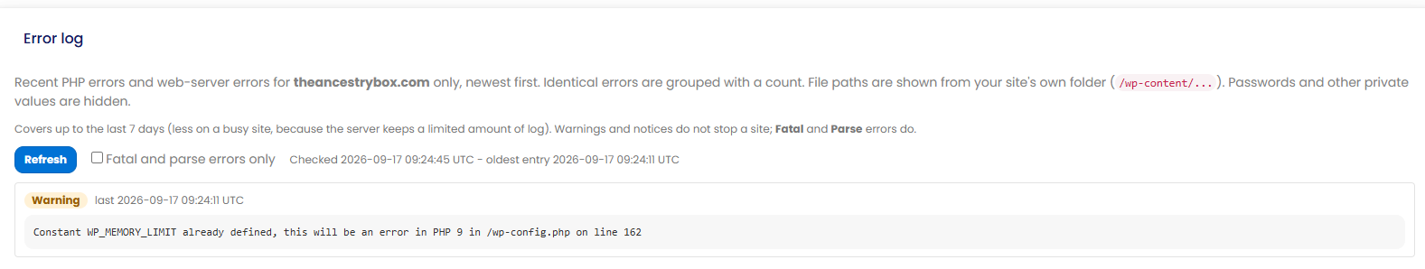The Error log screen showing the refresh button, filter checkbox and a warning entry