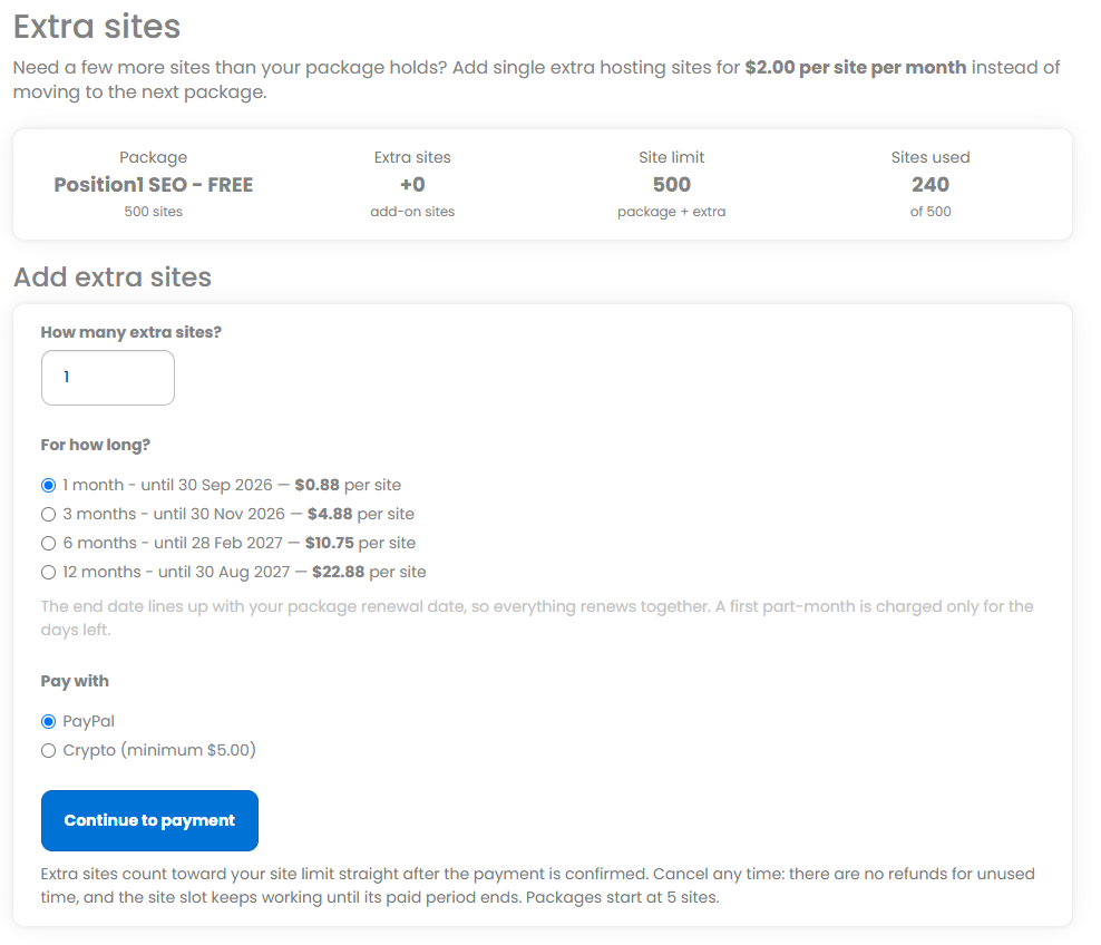 The Extra sites page showing quantity, duration options, payment method and Continue to payment