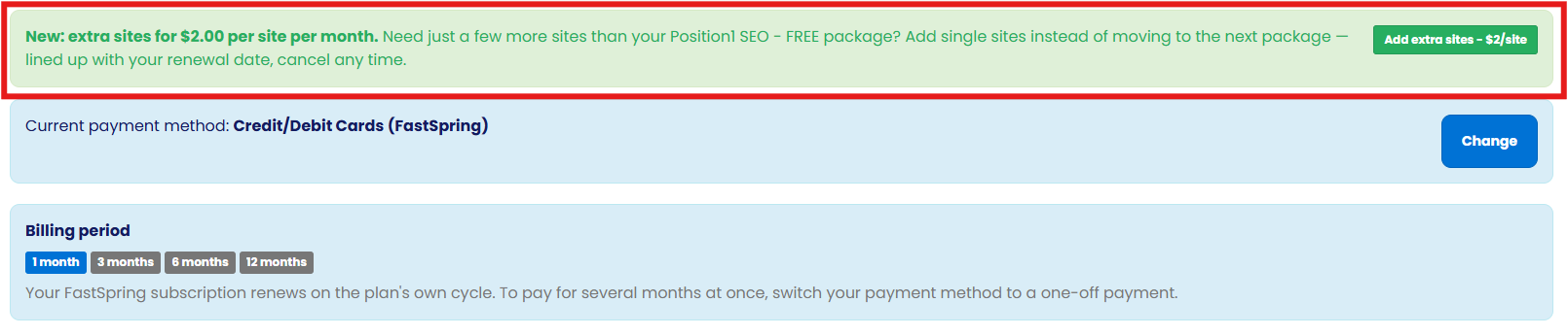 Extra sites banner on the Subscriptions page with an Add extra sites button