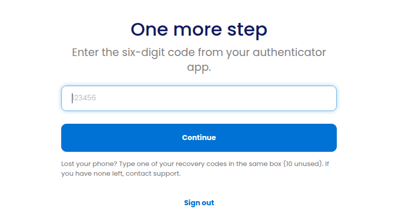 The One more step page asking for the six-digit code