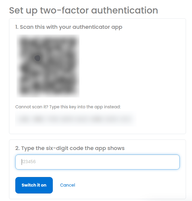 Setting up two-factor: scan the code, then type the six-digit code