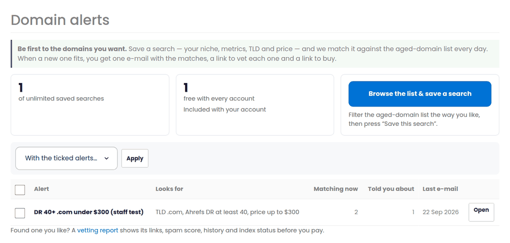 The domain alerts page listing saved searches