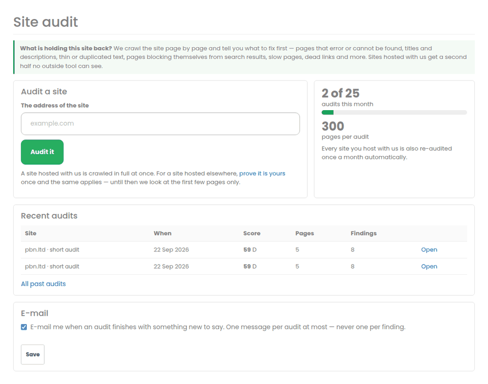 The site audit page: enter any address you own, with your monthly allowance beside it