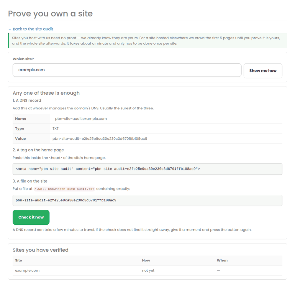 The verification page showing the three methods