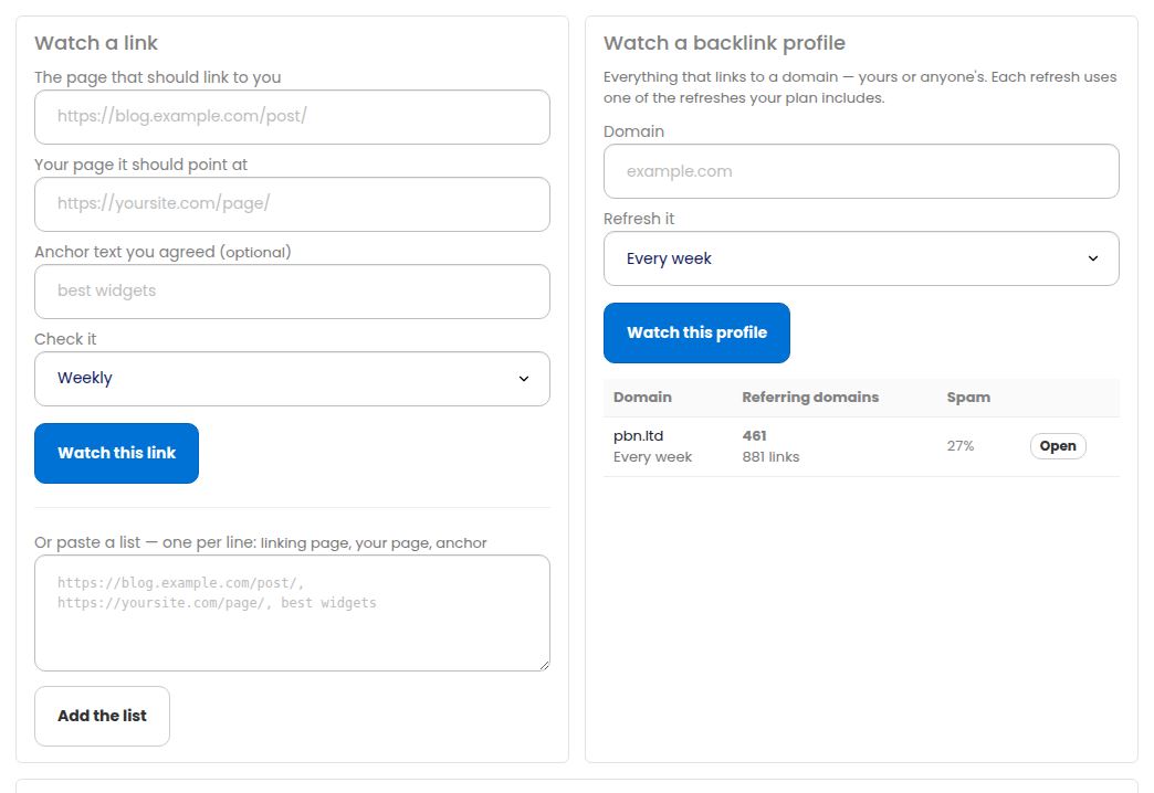 The "Watch a link" form and the paste-a-list box