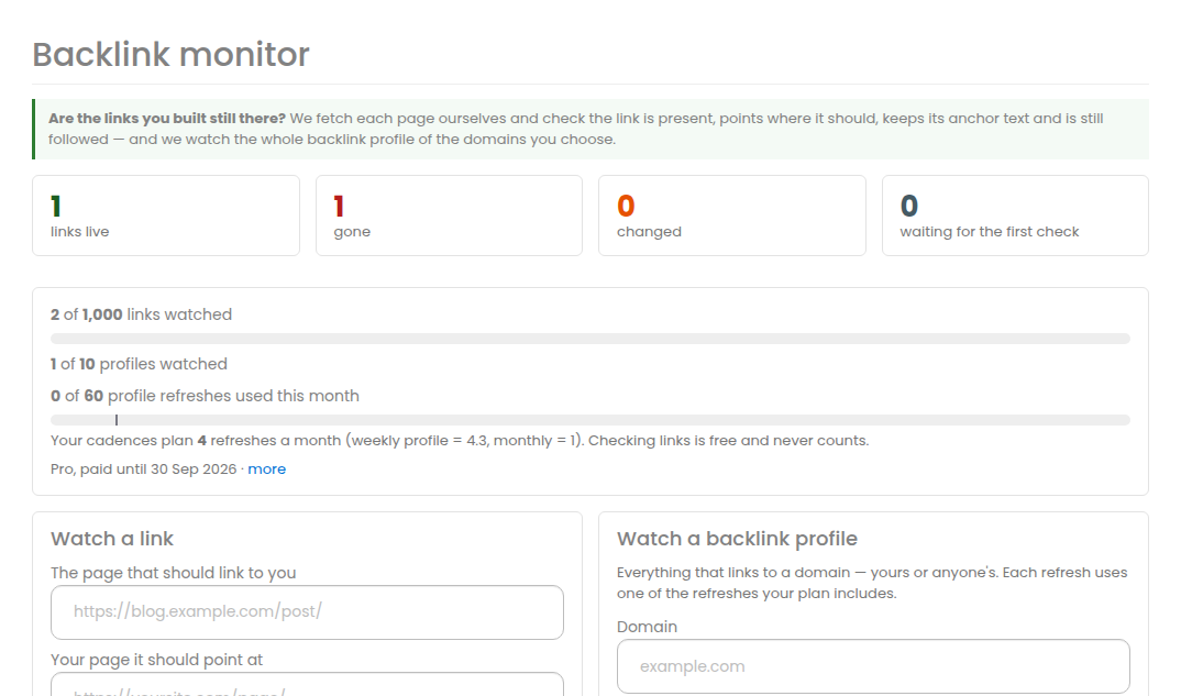 The backlink monitor dashboard with the counters and the link list