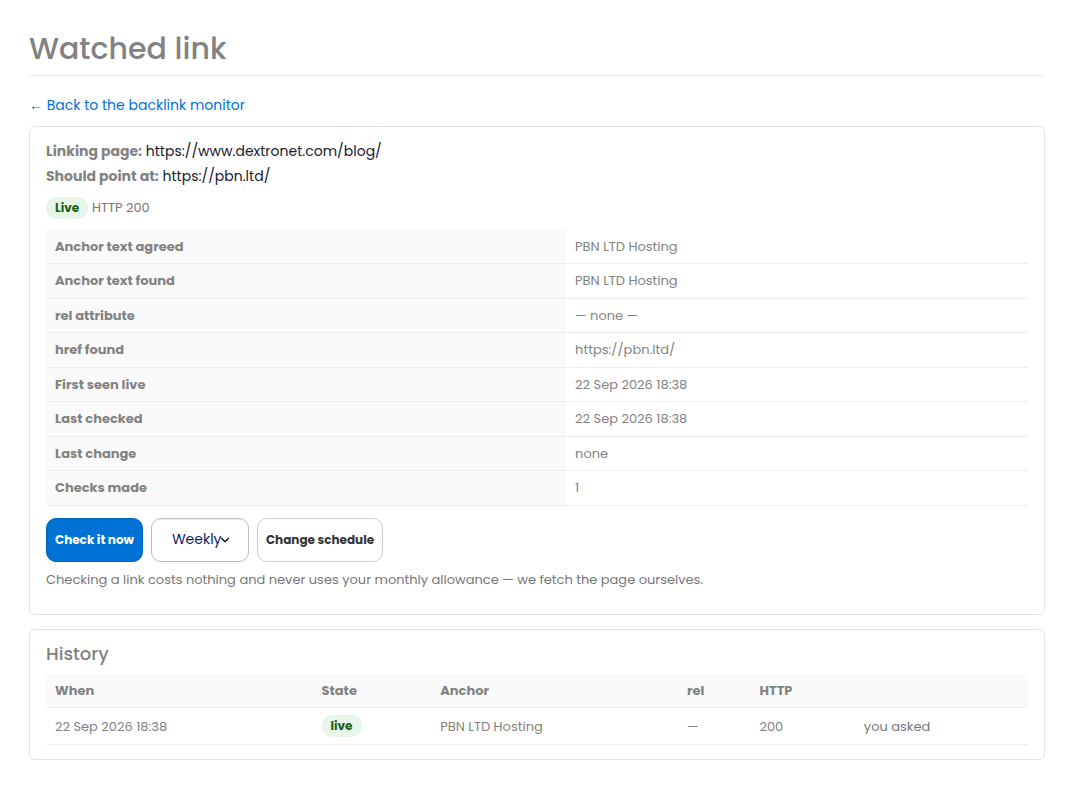 One watched link with its details and its full check history