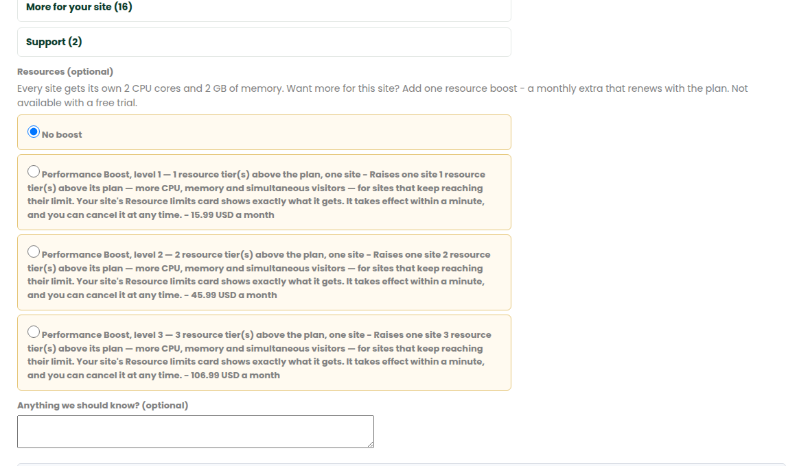 Choosing a resource boost when buying a money-site plan