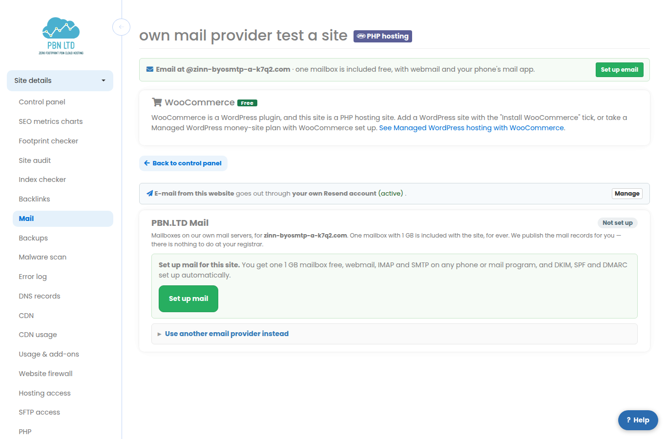 The Mail tab showing where the website email goes out