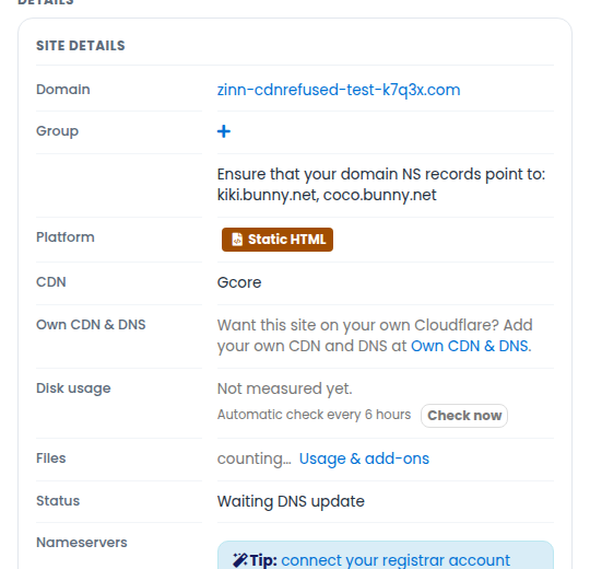 The site page after the switch, showing the new CDN and the nameservers the domain needs