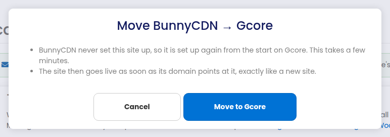 The confirmation window before switching the site to another CDN