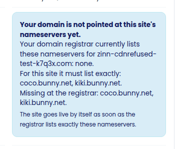 The blue notice listing the nameservers the registrar has and the ones it must have